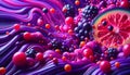 Background Artwork, Illustration , Generative AI, of mixed fruit and citrus in front of a purple background splashing around