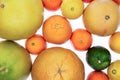 Background of assorted citrus fruit on white
