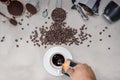 Background with assorted coffee, coffee beans, Cup of black coffee