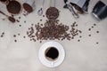 Background with assorted coffee, coffee beans, Cup of black coffee