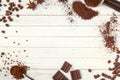 Background with assorted coffee, coffee beans, ground and instant, brown sugar and anise, copy space, top view