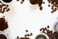 Background with assorted coffee: cups of espresso, coffee beans, powder and capsules on white background Royalty Free Stock Photo