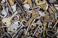 Background of assorted old multi-colored metal antique keys of different shapes. Home security concept