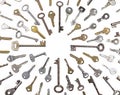 Background of assorted old multi-colored metal antique keys of different shapes. Home security concept Royalty Free Stock Photo