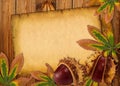 Background with autumn chestnuts and leaves Royalty Free Stock Photo