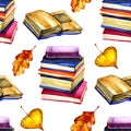 Background with autumn leaves and books. Autumn watercolor seamless pattern. Royalty Free Stock Photo