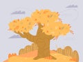 Background with autumn tree with yellowing leaves flat vector illustration.