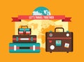 Background with Bag Suitcases World map Vacation Travel planning concept