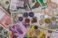 Background of banknotes and coins from different countries Royalty Free Stock Photo