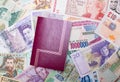 Background with banknotes from different countries and passport Royalty Free Stock Photo