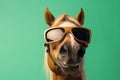 funny goggles head colourful animal sunglasses fun smile horse background portrait. Generative AI.