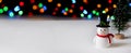 Background banner, Cute snowman and Christmas tree on colorful bokeh lights background. Royalty Free Stock Photo