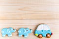Background for a banner with elephants and car. Children banner. Frame for greeting card newborn boy. Blank for design childish Royalty Free Stock Photo
