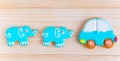 Background for a banner with elephants and car. Children banner. Frame for greeting card newborn boy. Blank for design childish Royalty Free Stock Photo