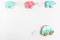 Background for a banner with elephants and car. Children banner. Frame for greeting card newborn boy. Blank for design childish Royalty Free Stock Photo