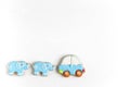 Background for a banner with elephants and car. Children banner. Frame for greeting card newborn boy. Blank for design childish Royalty Free Stock Photo