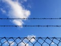 Background of a barbwire fence against a blue sky and clouds - copy space Royalty Free Stock Photo