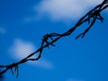 Background of a barbwire fence against a blue sky diagonal horizontal Royalty Free Stock Photo