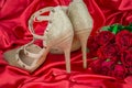 Gold shoes  and roses Royalty Free Stock Photo