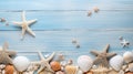 Background beach concept design shells star fish on a wooden blue background created with Generative AI Royalty Free Stock Photo