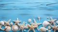 Background beach concept design shells star fish on a wooden blue background created with Generative AI Royalty Free Stock Photo