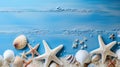 Background beach concept design shells star fish on a wooden blue background created with Generative AI Royalty Free Stock Photo