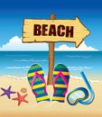Background with beach sign, flip and starfish