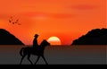 Graphics image the man ride horse at beach sea with silhouette twilight is a sunset on the sea with mountain