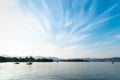 Background of Beautiful Blue sky and clouds are radial shaped in bright weather days with west lake xihu, mountain, boat and