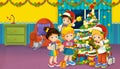 Cartoon scene with boys and girls in a room full of presents and christmas tree