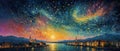 Background of Beautiful Colorful Sky. The Fantasy Night Scene Over The City. Illuminated Bright Light Town.