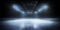 Background. Beautiful empty winter background and empty ice rink with lights. Spotlight shines on the rink. Bright