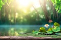 A background of a beautiful landscape with a lake with lily pads. Created with Generative AI Royalty Free Stock Photo