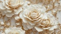 Background of beautiful porcelain white roses, gold buds and leaves.