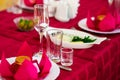 Background of beautiful served table with Red tablecloth and napkins, white china, gold cutlery, spruce tree branches Royalty Free Stock Photo