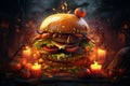 Background of beef hamburger topped with cheese sauce with a Halloween theme