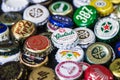 Background of beer bottle caps, a mix of various global brands Royalty Free Stock Photo