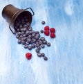 Background - Berries, Blackberry, blueberries on blue table Royalty Free Stock Photo