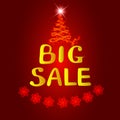 Background big sale. Bright illustration in gold and red colors. Illustration with snowflakes and star.