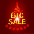 Background big sale. Bright illustration in gold and red colors. Vectori illustration with snowflakes.