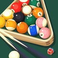 background for billiard tournament poster elements. Vector design of billiard balls on green table and triangular rack