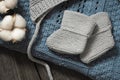 Background birth of a baby, cute knitted booties and a hat for a newborn, natural cotton, hand-knitted baby accessories