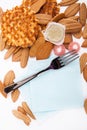 Background biscuits, waffles, fruit jelly and fork and napkin Royalty Free Stock Photo