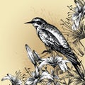 Background with blooming lilies and a sitting bird