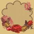 Background with blooming roses, lace napkin and butterflies. Vector illustration.