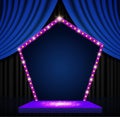 Background with blue and black curtain, podium and retro banner. Design for presentation, concert, show Royalty Free Stock Photo