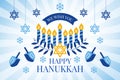 Happy Hanukkah greeting card with Torah, menorah and dreidels