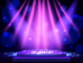 Background with blue curtain, podium and spotlights. Design for presentation, concert, show Royalty Free Stock Photo