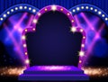 Background with blue curtain, podium, spotlights and retro arch banner. Design for presentation, concert, show Royalty Free Stock Photo