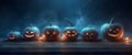 background blue fear horror mystery evil pumpkin table night jack-o-lantern halloween. Generative AI.